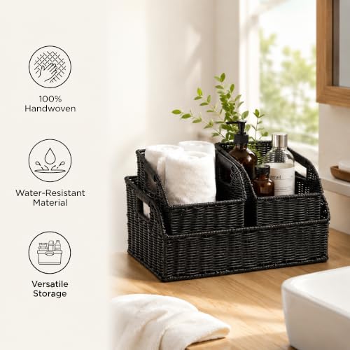 Image of Brownlily Wicker Pantry Storage Baskets with Chalkboard,Handwoven Baskets for Organizing with Built-in Handles, All-Purpose Storage Baskets for Shelves, Laundry Room, Black - Single Set (3-Piece)