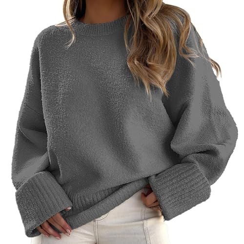 Women's Oversized Sweater Crewneck Long Sleeve Soft Fuzzy Knit Pullover Sweaters Fashionable Warm Knitted Top