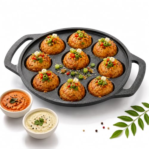 Image of Cast Iron 9 Cavity Paniyaram Pan | Pre-Seasoned Appam Patra, Kuzhi Paniyaram, Appe, Paddu, Ponganal, Litti & Pancake Maker | Naturally Non-Stick | Gas & Induction Compatible | 2 Side Handles (9 Pit)