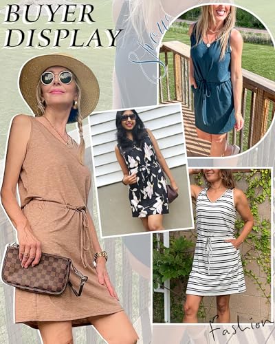 Image of AUSELILY Womens Summer Sleeveless V-Neck Drawstring Waist Beach Cover up Mini Short Swing Dresses with Pockets