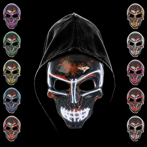 KiraKira Máscara LED Halloween, Halloween LED Máscaras Adultos LED Mask para la Fiesta de Disfraces, Máscara Disfraz Luminosa Craneo Esqueleto (White)