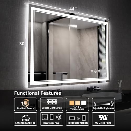 Image of Bathroom Mirror, 44x30 Inch Gradient Front and Backlit Smart Mirror, 3 Colors Dimmable CRI>90 Double Lights, IP54 Enhanced Anti-Fog, Hanging Plates Wall Mount LED Mirror