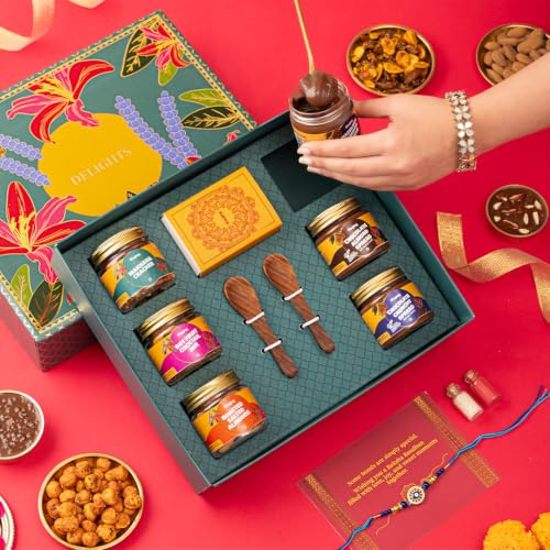 Image of Gladful Premium 10 Items Rakhi Gift Box | Green Floral Keepsake Box with Premium Nuts, Chocolate Spreads, Rakhi & Festive Essentials | Luxurious Raksha Bandhan Gift for Brother