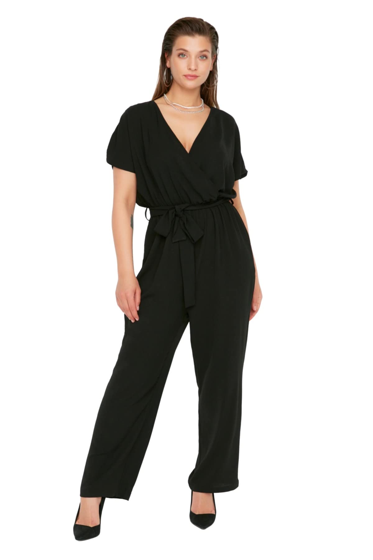 Trendyol Damen Schwarz -Overall, Einfarbig, Gewebt, Übergröße, 46,