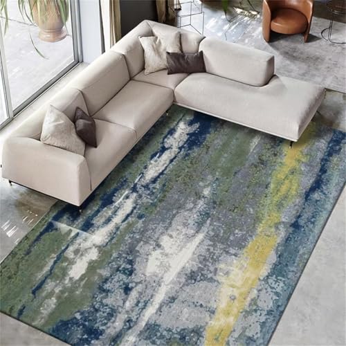 Tapis carreau ciment bleu au design minimaliste pour canapé
