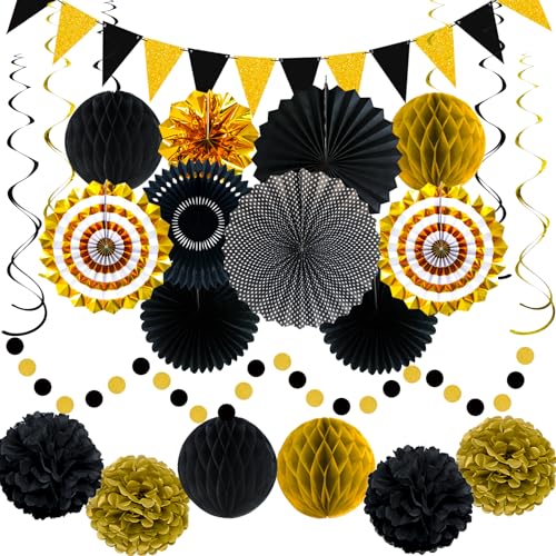 Image of 24 Pcs Black and Gold Party Decorations, Paper Fans Pom Poms Garland Decor | Pennant garland, circle dots and hanging spirals for 2026 graduation, birthday, New Year, wedding and anniversary party decor