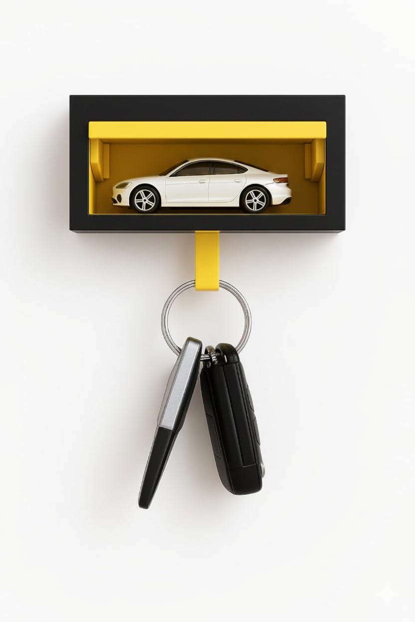 Wall-Mounted Display Key Holder with Toy Car Garage – Decorative Key Hook & Storage Rack for Home/Office – Fits 1:64 Scale Car Models – Black & Yellow Mini Garage Key Organizer-image-39