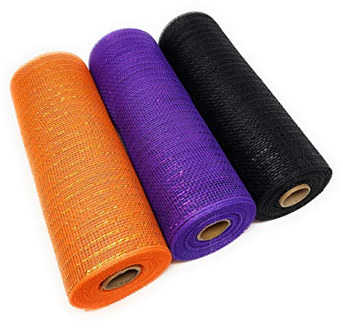 Halloween 10" x 10yds Deco Mesh Metallic Ribbon Rolls (Spooky Purple, Pumpkin Orange, Spider Black)