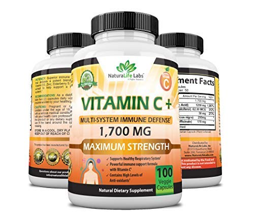Vitamin C 1,700 MG with Vitamin D3, Zinc, Elderberry, Ginger Root - Maximum Strength Multi System Immune Support- 100 Veggie Capsules