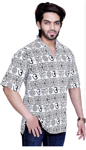 Image of THE MAKKI Trends - Om Printed Kurta for Men & Boys | Cotton Half Sleeve Mahadev Mahakal Kurta T-Shirt for Events, Festivals, and Religious Ceremonies (Regular)