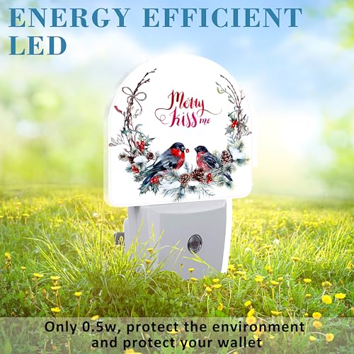 Image of Plug in Night Lights Watercolor Christmas Wreath with Bullfinches Nightlight Plug Into Wall Dusk to Dawn Sensor LED Night Light for Kid Girls Boys Room Decor,Hallway,Kitchen,Bathroom,Nursery