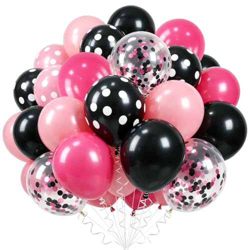 Image of TONIFUL 100 Pack Black and Pink Polka Dot Latex Balloons for Girl's Birthday Bachelorette Bridal Baby Shower Graduation Engagement Girls Night Rock Party Decor
