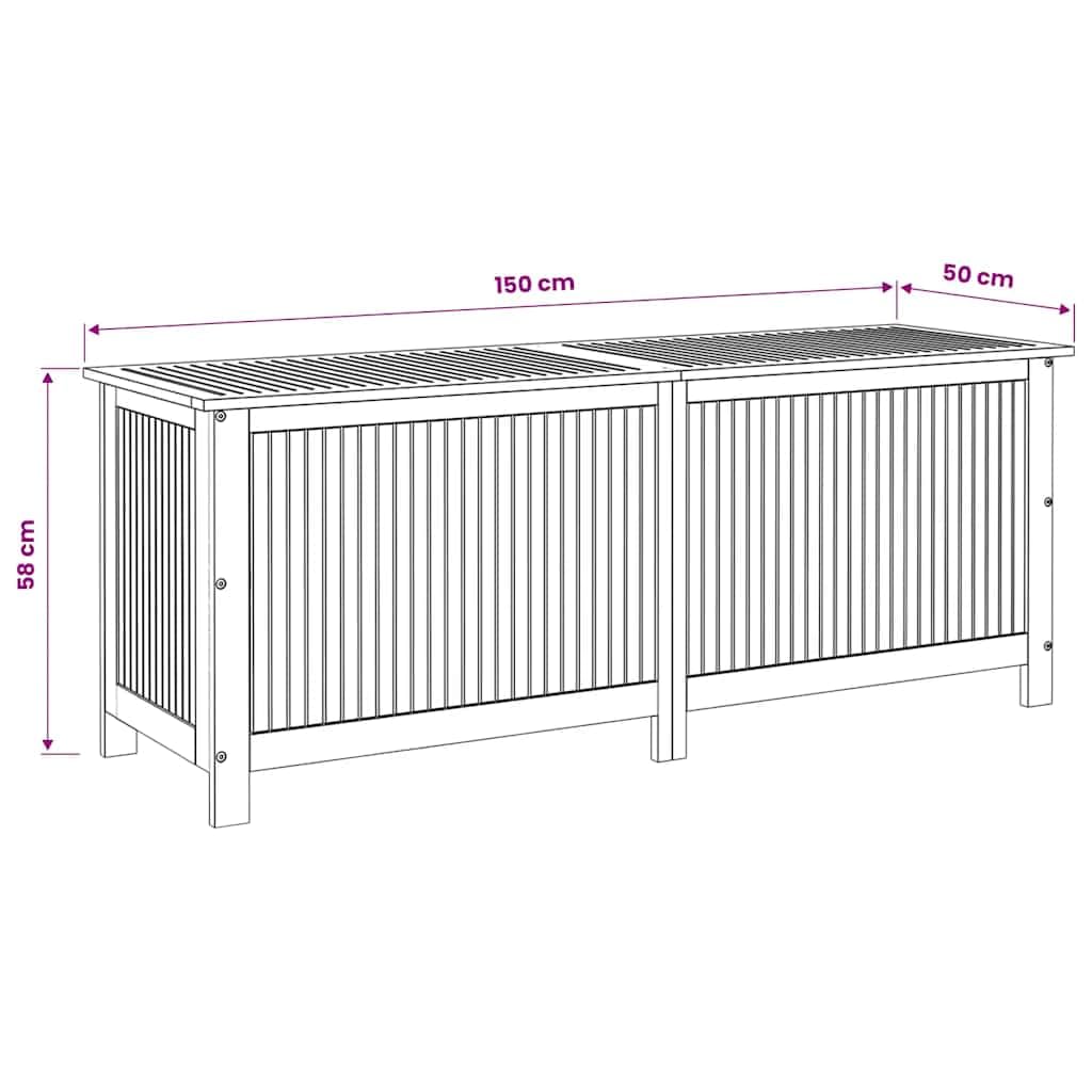 Scatola portaoggetti da giardino in legno di acacia massiccio, dimensioni: 150 x 50 x 58 cm, resistente alle intemperie, contenitore da esterno per cuscini, cuscini, attrezzi, balcone