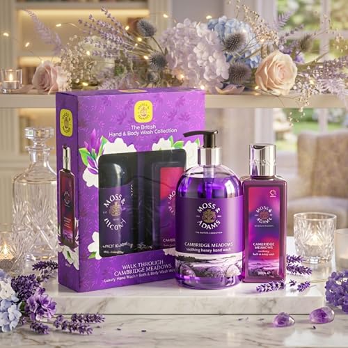 Image of Moss & Adams Secret Santa Gift Hamper | Vegan Handwash & Bodywash Set | Highland Dew & Wildflower Fragrance | Christmas Luxury Skincare Gift | 300ml Each (Cambridge Meadows)