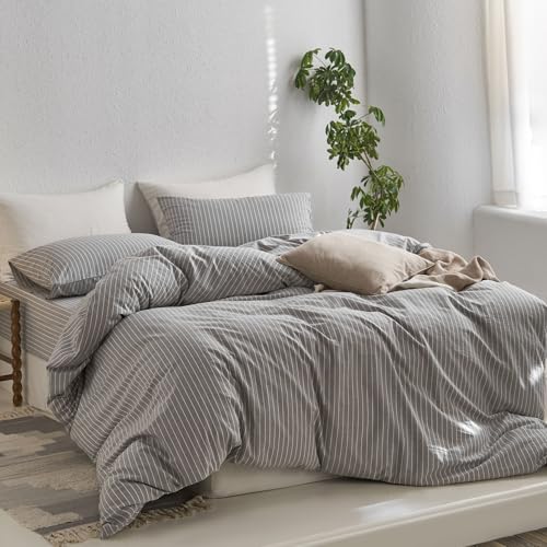 Image of MooMee Striped Duvet Cover Set 100% Washed Cotton Linen Like Queen | Relaxed Linen-like Texture. Soft, Breathable & Long-lasting Comfort. Lightweight. Hidden Zipper with 8 Interior Corner Ties