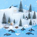 Fizzyo 40 Stück Arktische Tierfiguren Set, Miniatur Tierfiguren Diorama Kit mit 20 Polar Tierfiguren 10 Mini Kiefern 6 Eisberge 2 Blaues Gewebepapier Mini Ozean Tierfiguren Diorama Zubehör