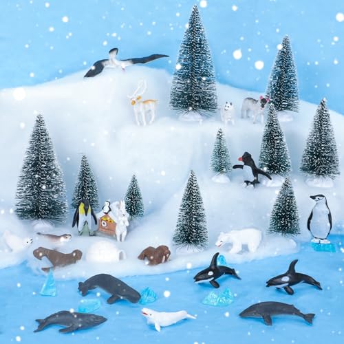 Fizzyo 40 Stück Arktische Tierfiguren Set, Miniatur Tierfiguren Diorama Kit mit 20 Polar Tierfiguren 10 Mini Kiefern 6 Eisberge 2 Blaues Gewebepapier Mini Ozean Tierfiguren Diorama Zubehör