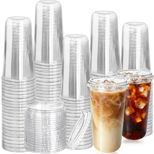 Image of 100 Pack 20 oz Plastic Cups with Lids,Clear Disposable Iced Coffee Cups,To Go Cup with Sip Through Lids for Cold Beverage,Smoothie,Wedding,Juice,Milkshake,Party