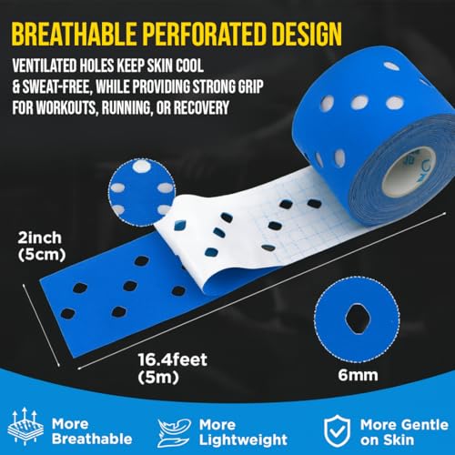 Image of PulseITSportsTape Kinesiology Tape- Waterproof & Sweatproof Sports Tape for Muscle Support, Pain Relief & Injury Recovery | Athletic Physio Tape for Knee, Shoulder, Ankle. 5cm x 5m (with Holes, Blue)