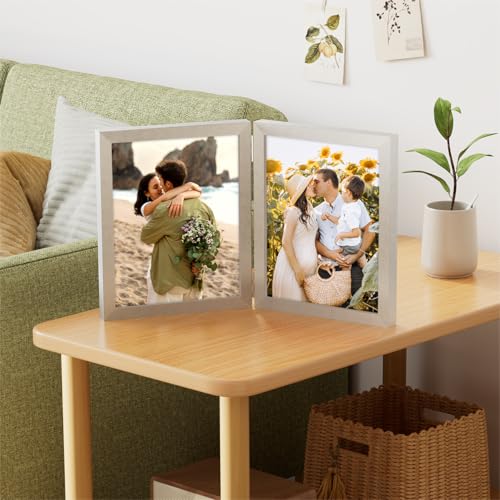 decorUhome Double 8x10 Picture Frame Vertical, Engineered Wood Bifold Photo Frame with Plexiglass for Tabletop Display, 8x10, Silver