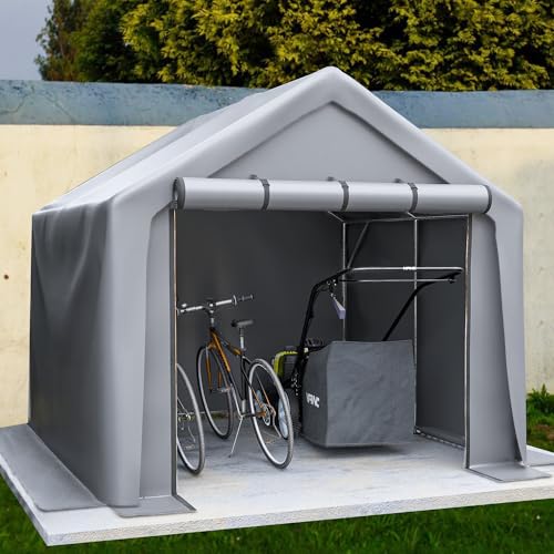 Caseta Jardin Exterior, Cobertizo Herramientas 244x241x217 cm, Garage Bicicletas, Carpa de Garaje Tela PE Impermeable, Tubo de Acero Galvanizado Resistente, Cobertizo de Almacenamiento, Gris Oscuro