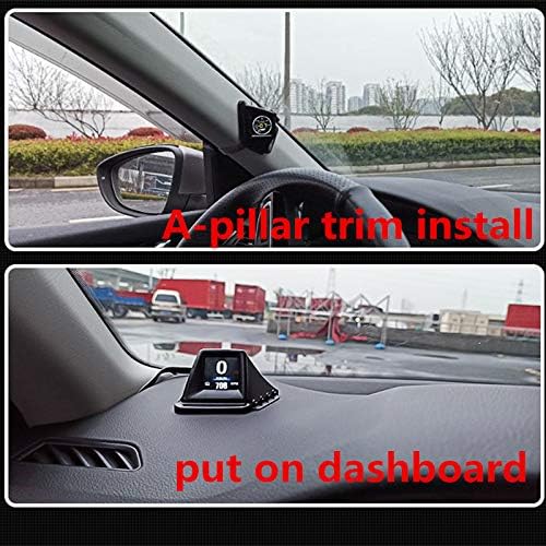 Images showing iKiKin HUD installed on A-pillar trim and on dashboard