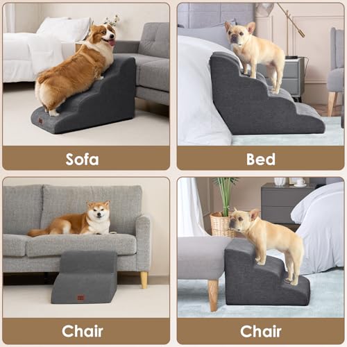 EHEYCIGA Hundetreppe für Kleine Hunde 30 cm Hoch, Haustiertreppe für Sofa Bett, Treppe für Hunde aus Hochdichtem Schwamm, Hunderampe mit Waschbarem Bezug und Rutschfestem Boden, 2 Stufen, Grau