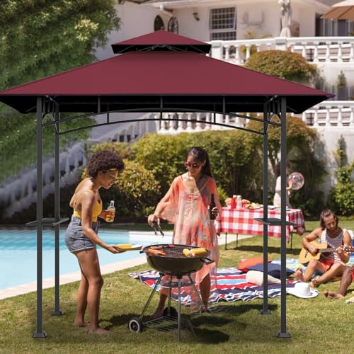 Grill Gazebo Replacement Top, 5 * 8 Outdoor BBQ Top Cover, Double Layer BBQ Gazebo Top Canopy for Model #L-GG001PST-F (Burgundy)