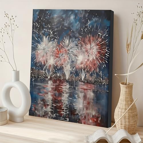 Image of Framed 4th of July Fireworks Cityscape Wall Art, Patriotic Abstract Canvas Art Pictures, USA Independence Day Wall Decor, Made in USA Ready to Hang for Living Room Bar