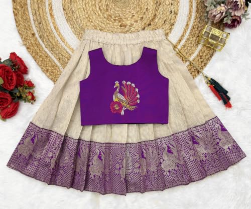 Image of Girls South Indian Pattu Pavadai | Traditional Jacquard Silk Lehenga Choli Set