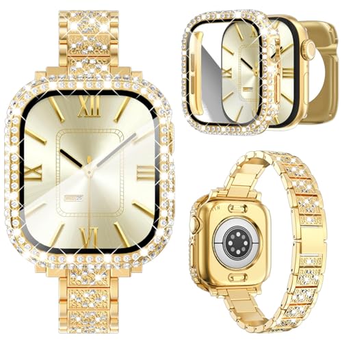 KADES Band with Case for Apple Watch Women, 2-in-1 Rhinestone Bracelet Full Protective Cover Set...