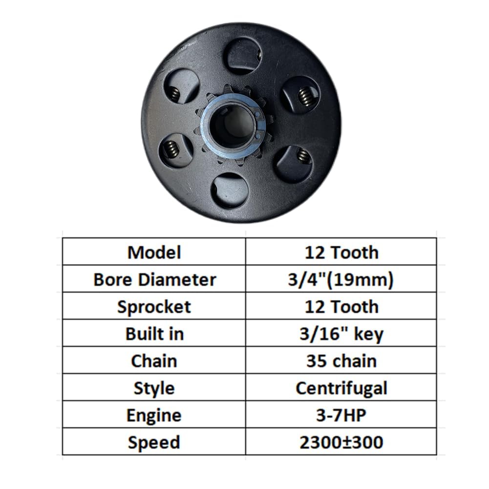 QYMOTO Embrague centrífugo de 3/4 pulgadas de diámetro 12T Predator de 212 cc, 12 dientes, 35 cadenas, Go Kart, para motor de 6.5 HP GX160 GC190 GX200 Predator 212 embrague con 2 tornillos