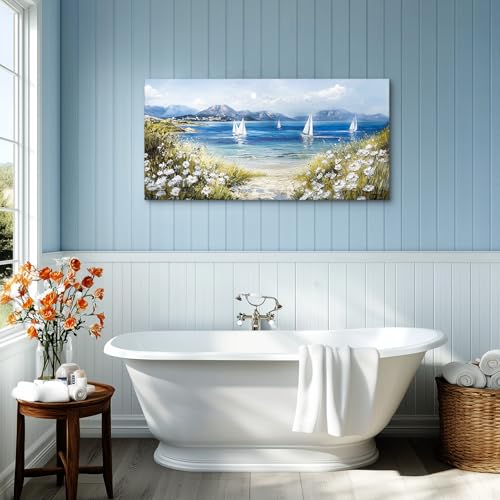 crmotu Beach Wall Art, Coastal Wall Decor, Large Landscape Wall Art, Beachy Wildflower Artwork for Walls, Seascape Sailboat Canvas Pictures for Living Room Bedroom Office Art Prints 24x48inch