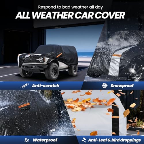 Image of Multi-Layer Car Cover Custom Fit for Ford Bronco 2dr /Sport(2020-2026), 100% Waterproof All Weather for Automobiles, Gift with Towel, Heavy Duty Car Covers for Rain Sun UV Protection with Door Zipper
