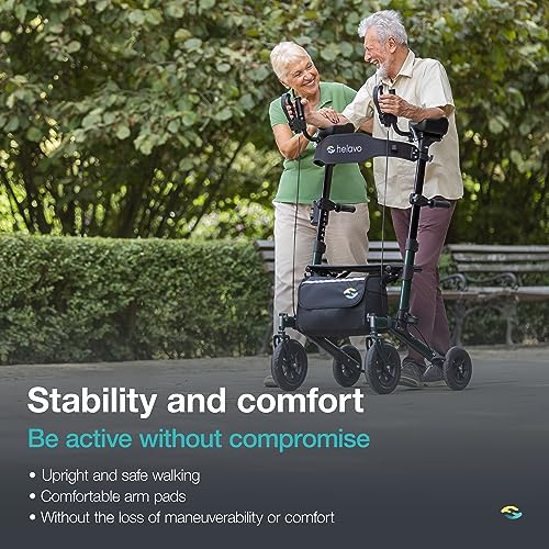 Image of Helavo Upright Walker with Seat, Foldable Stand Up Walker with Rubber Tires