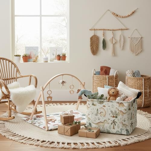 Image of Kid Cute Rectangle Storage Basket Baby Toy Clothes Storage Bin Nursery Playroom Bedroom Decor Basket (Bohemian Dinosaur)