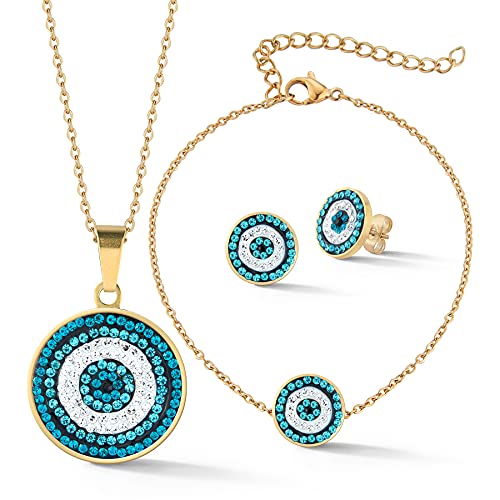 Stylish Evil Eye Jewelry Set to Stand Out - 18k Plated Gold Jewelry Set that Makes a Statement - Versatile Evil Eye Jewelry for Women - Earring and Necklace Set - Necklace and Bracelet Set For Women