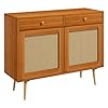 Homcom storage cabinet boho kitchen cabinet with 2 drawers adjustable shelf rattan doors and wooden legs accent cabinet for living room light brown  urban country home decor