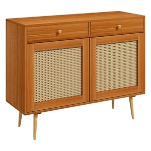 HOMCOM Storage Cabinet Boho Kitchen Cabinet with 2 Drawers Adjustable Shelf Rattan Doors and Wooden Legs Accent Cabinet for Living Room Light Brown