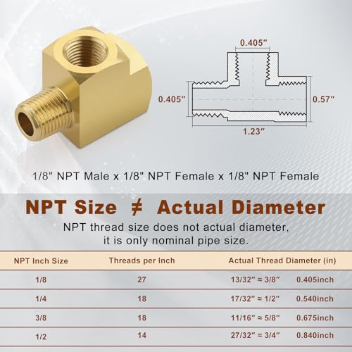 Image of 5pcs 1 /8 inch NPT Female Pipe to 1 /8 inch NPT Male Pipe to 1 /8 inch NPT Female Metals Brass Barstock Street Tee Pipe Hose Fitting