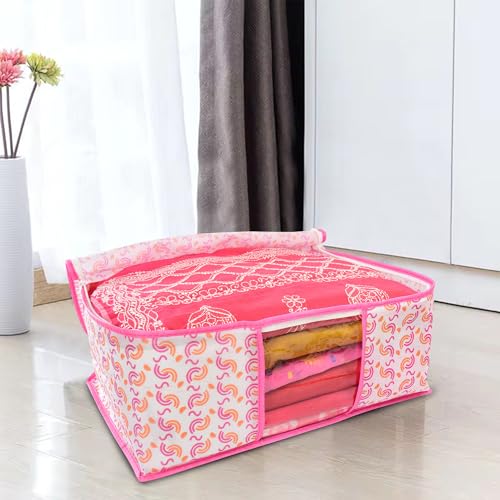 Image of Non-Woven Saree Covers with Zipper & Transparent Window | Clothes Storage Bags for Wardrobe Organization | Dustproof Garment Storage for Sarees, Dresses, and Clothes (Pink, Pack of 20)