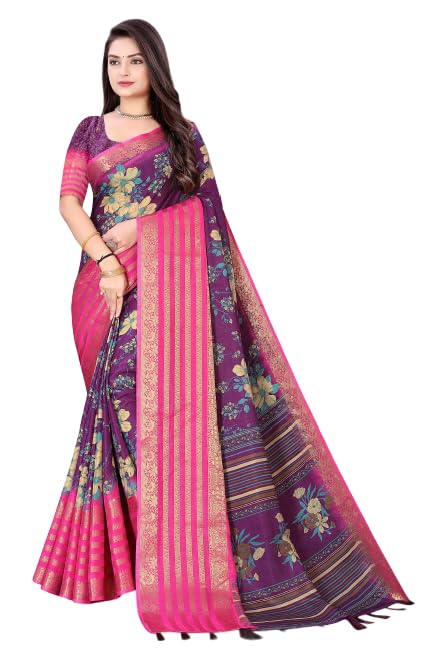 Amazon Brand - Anarva Women's Cotton Silk Printed Saree With Unstitched Blouse Piece