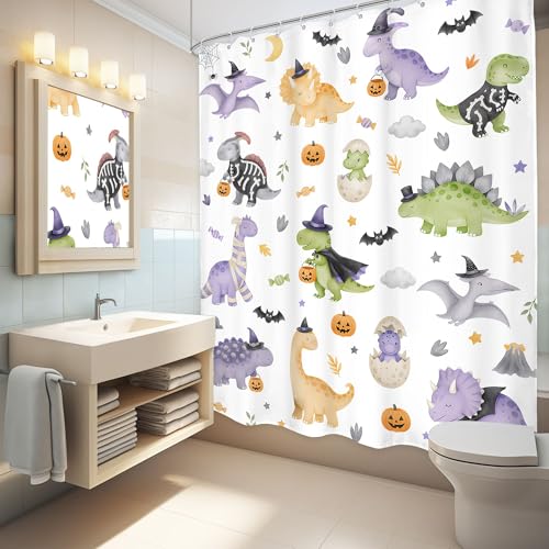 Image of Halloween Dinosaur Shower Curtain Bathroom Set 60Wx71H Inches Kids Cartoon Watercolor Cute Dino Funny Spooky Candy Animal Adorable Bath Accessories Festival Art Home Decor Fabric 12 Pack Hooks