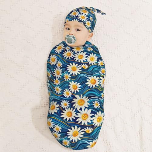 Image of Groovey Waves and Daisies Newborn Swaddle Blankets Hat Sets Soft Baby Receiving Blanket Swaddle Sack for Baby Shower Infant Boy Girl Gift
