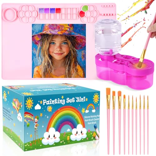 Image of Silicone Painting Mat Set 23.6" x 15.75" with Brush Cleaner & 10 Brushes – Non-Slip, Washable Art Station for Watercolor, Acrylic & DIY Crafts (Pink)
