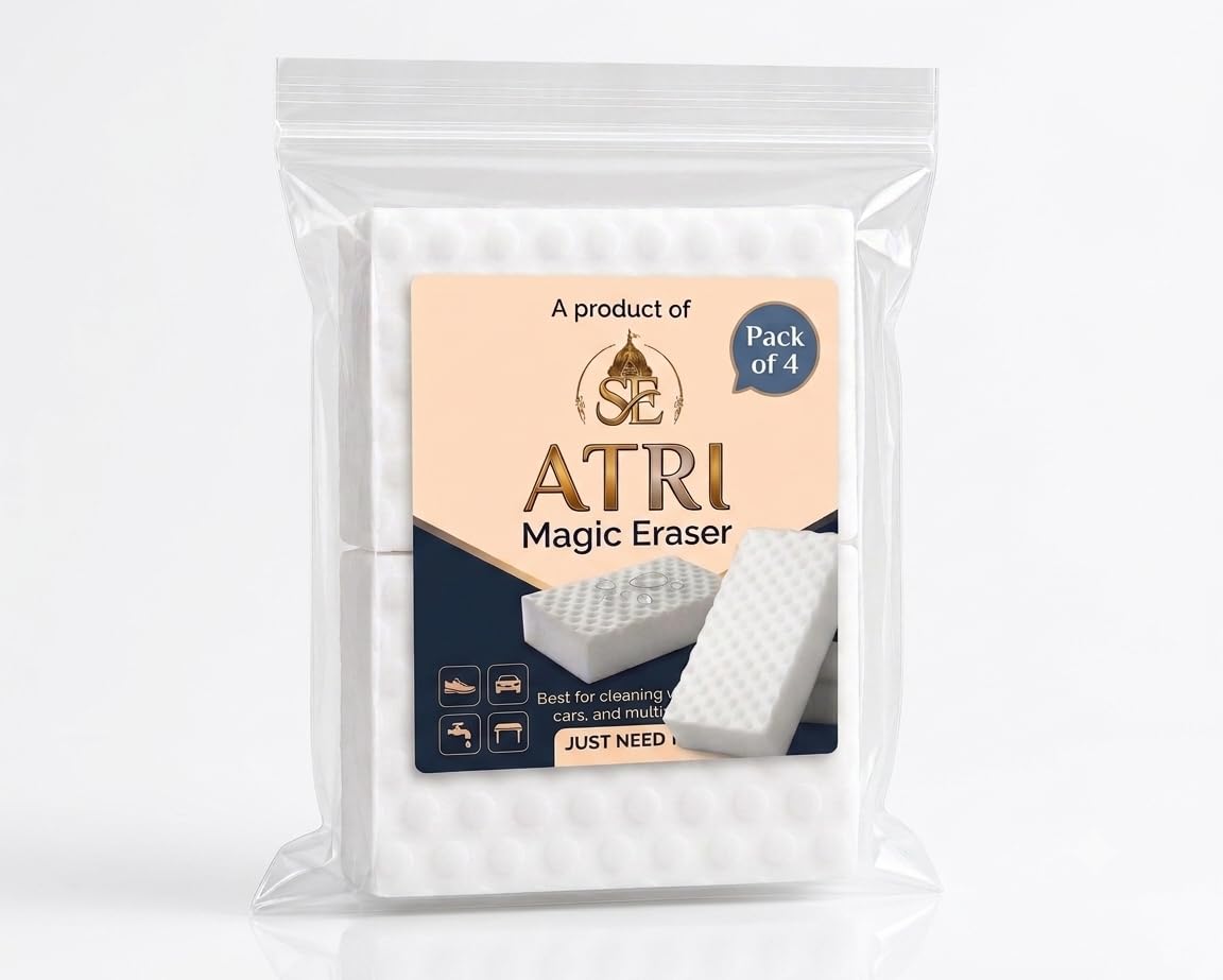Atri Magic Eraser Cleaning Sponge Pack of 4 | Premium Melamine Foam | Multi-Surface Cleaning, Melamine Foam, Water Activated, Reusable Sponge, Household Scrubber-image-0