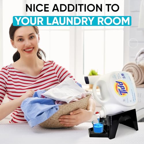 Image of Liquid Laundry Detergent Holder Stand with Drip Tray - 1 Pack - Black | Easy Pouring, Rubber Feet, Angled Stand, Fabric Softener Dispenser for Laundry Room Organization & Storage