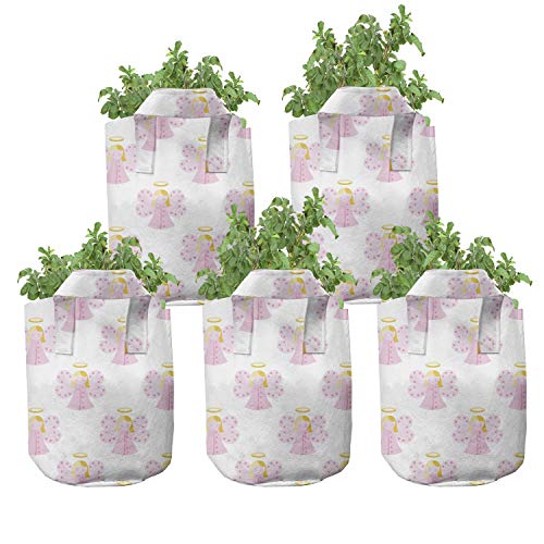 Ambesonne Angel Grow Bags 5-Pack, Girl with Halo, Heavyduty Fabric Pots with Handles for Plants, Earth Yellow Pale Pink