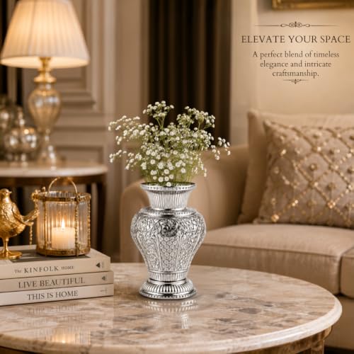 Image of Silver Plated Aluminium Flower Vase | Embossed Vase for Fresh & Artificial Flowers | Luxury Table Centerpiece | Living Room, Office, Hotel & Home Decor | Ideal Gift (9 x 6) inch