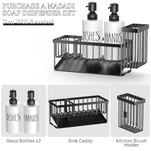 Image of MASADI Kitchen Dish Soap Dispenser Set with Sponge Holder, 12OZ Glass Bottle, Hand and Dish Soap Dispenser Set, Non-Slip Silicone Pad, Brush Holder, Kitchen Sink Organizer Countertop (Black+White)